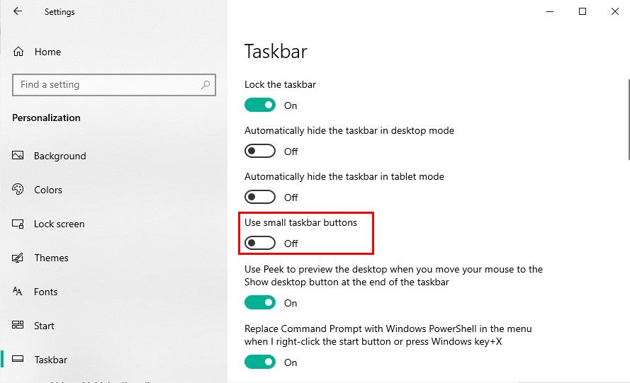 Desactivar Usar botones pequeños de la barra de tareas