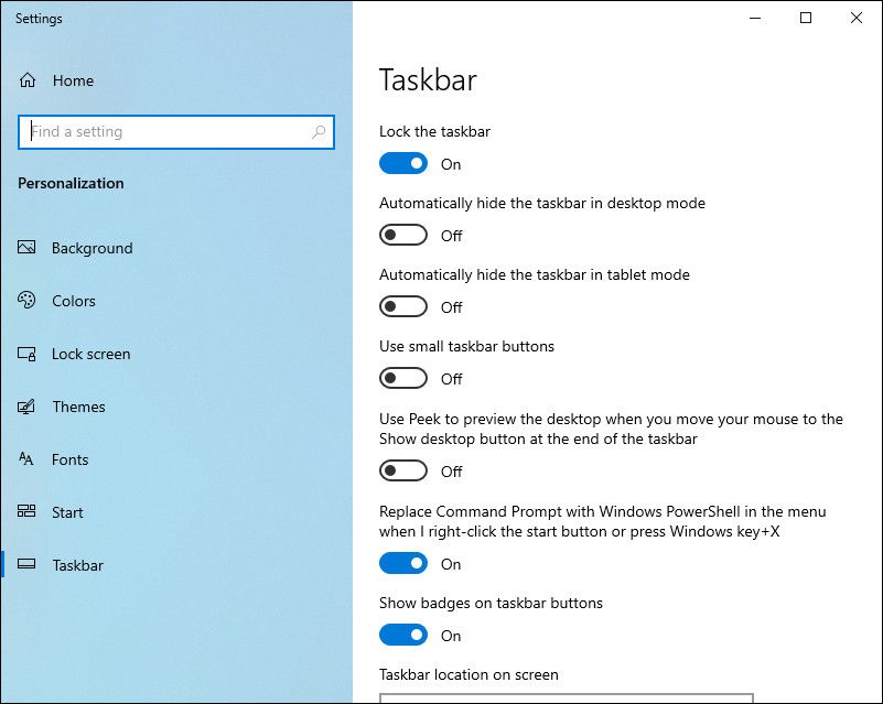 Taskbar settings on Windows
