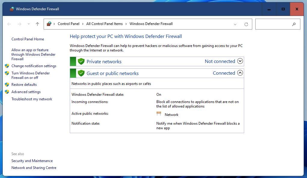 The Windows Defender Firewall applet