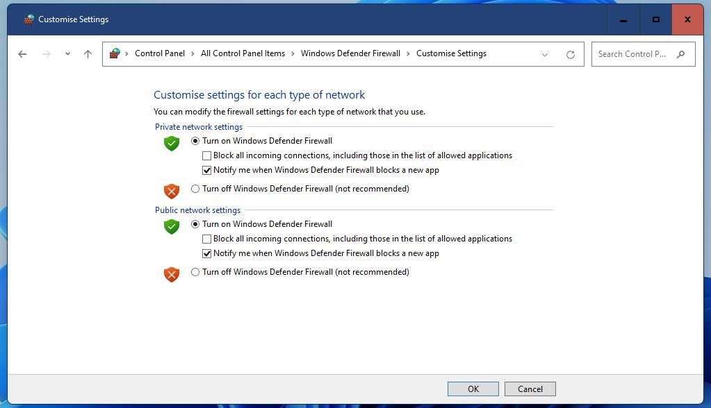 The Turn off Windows Defender Firewall option