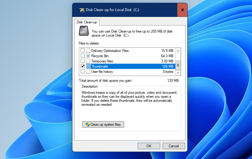 Disk Clean-up's Thumbnails option 