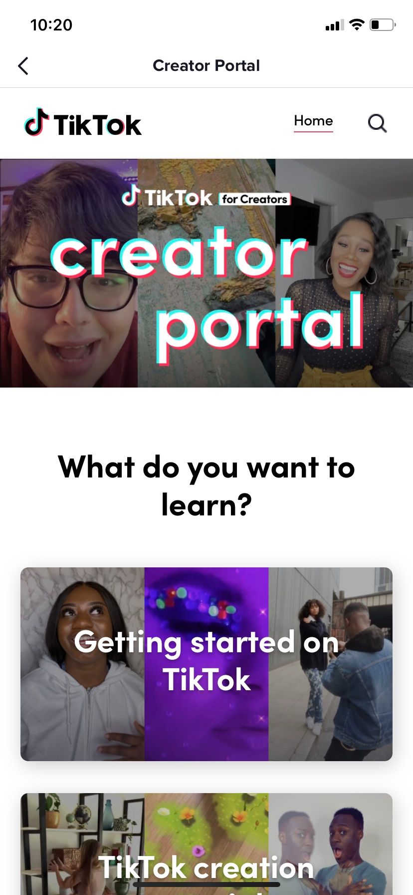 tiktok creator portal home page screenshot
