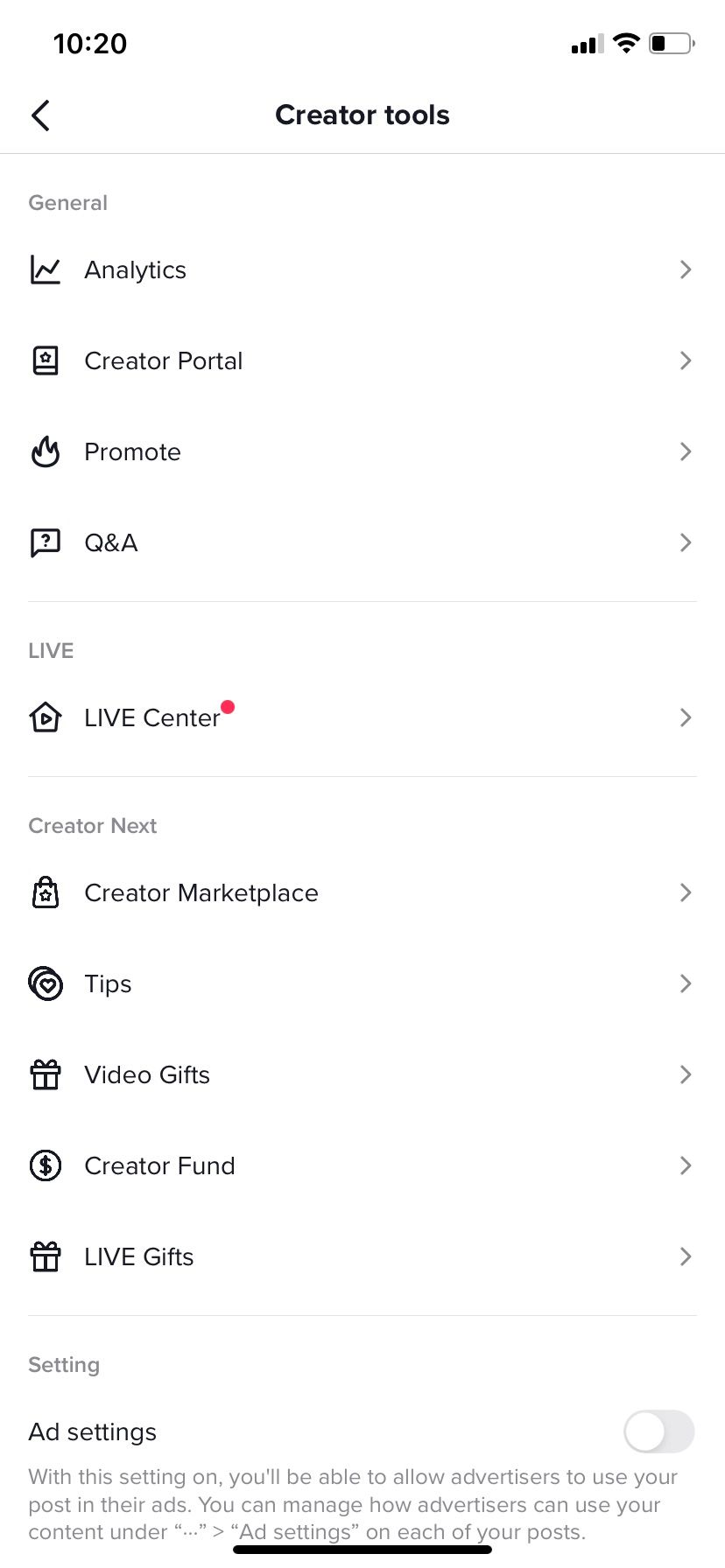 tiktok creator tools menu screenshot
