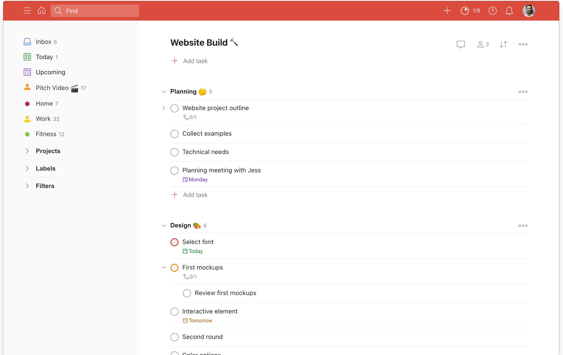 Todoist's project view page