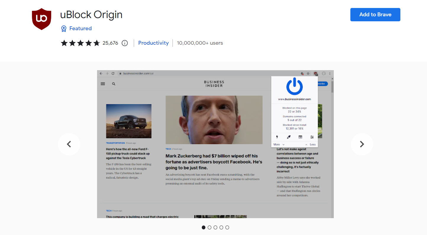 Screenshot of uBlock Origin's download page in Google's web store