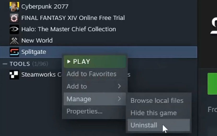 Steam's Uninstall game option