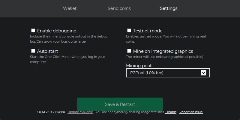vertcoin oneclickminer settings page