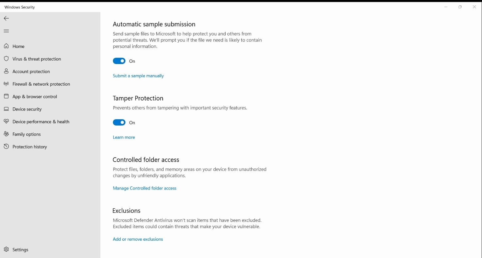 Microsoft Defender's Virus & threat protection settings