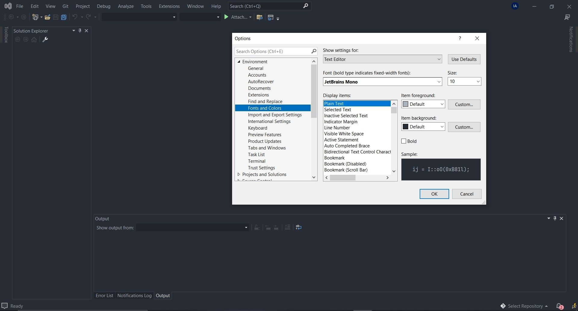 Visual Studio editor showing font settings.