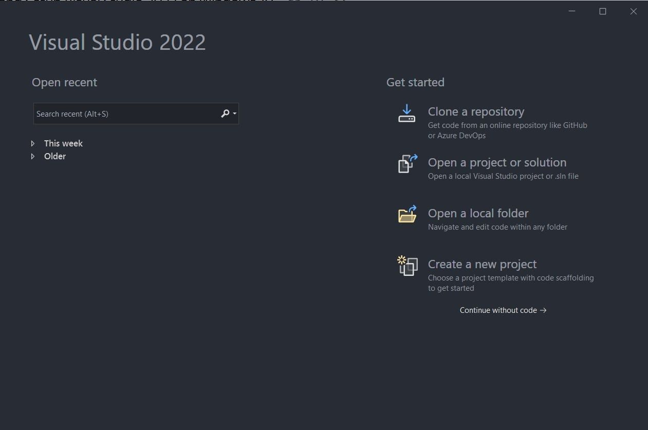 Visual Studio start menu 