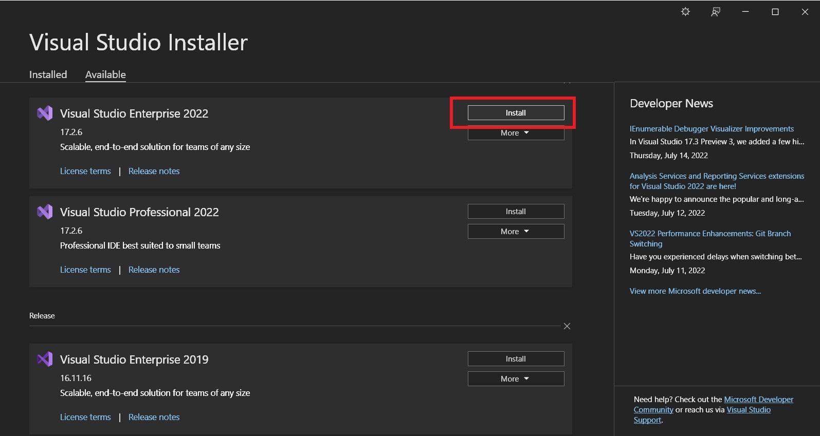 Visual Studio installer showing various versions
