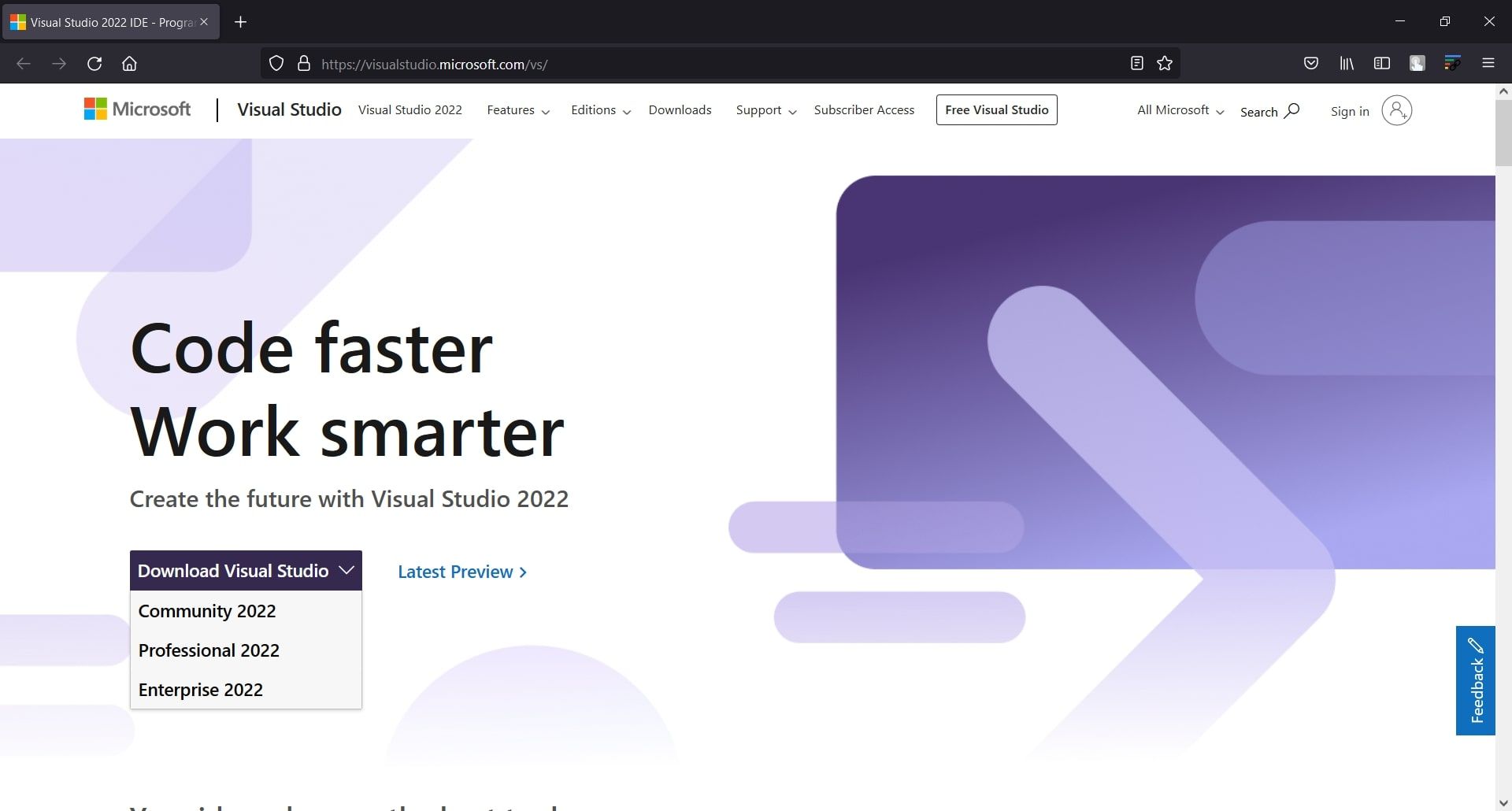 Download page being displayed on the Visual Studio website 