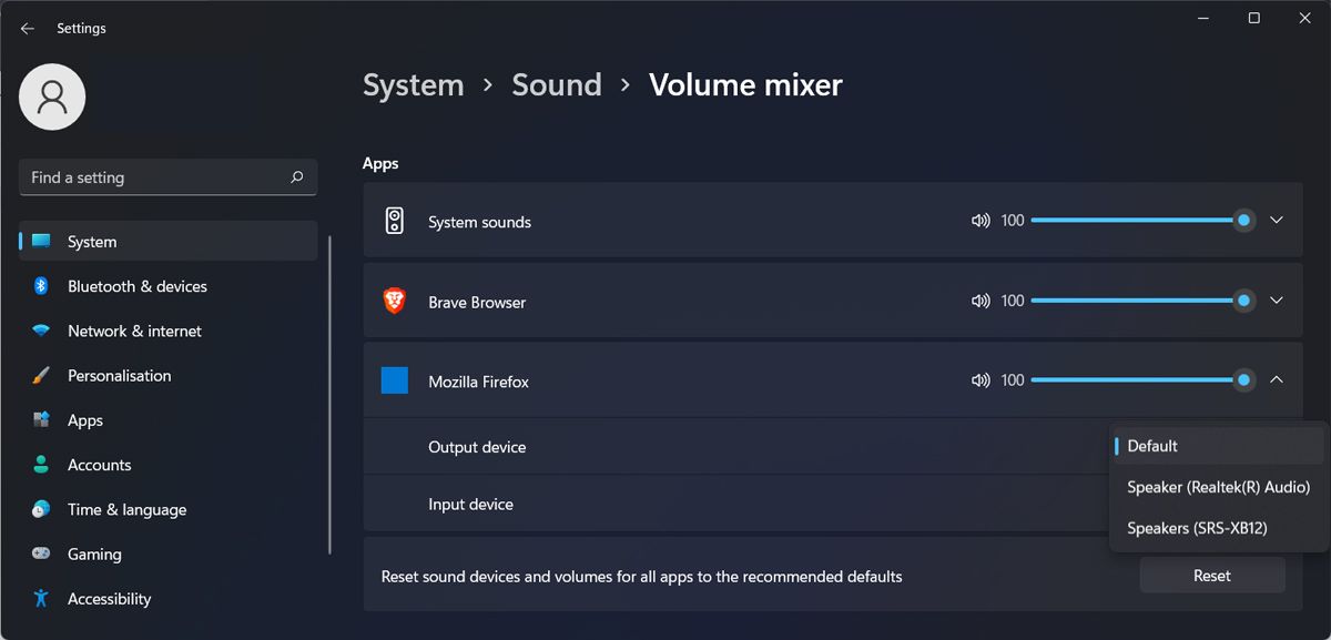 Volume mixer settings in Windows 11