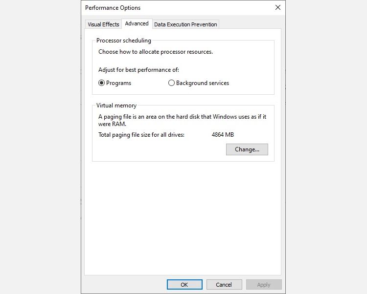 windows 10 performance options