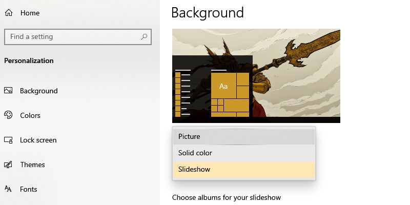windows 10 background settings, with the dropdown for background showing the available settings (picture, solid color, and slideshow)