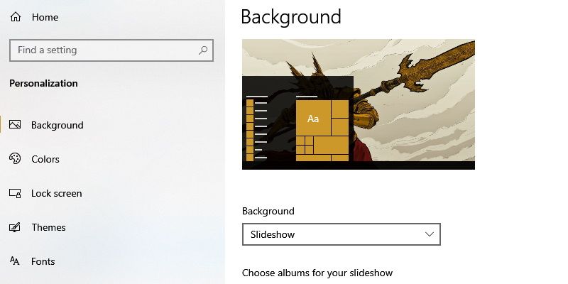 windows 10 background settings, with the dropdown for background set to slideshow