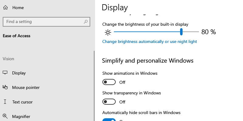 the display settings on windows 10, with the toggle for show transparency in windows turned off