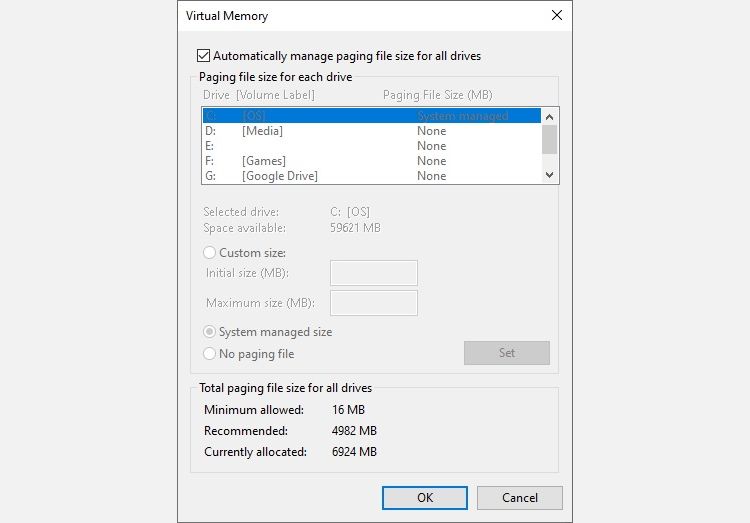 windows 10 virtual memory settings