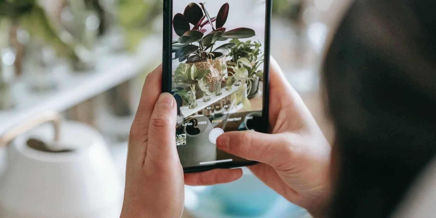 woman taking a photo of a plant  to identify it with her smartphone