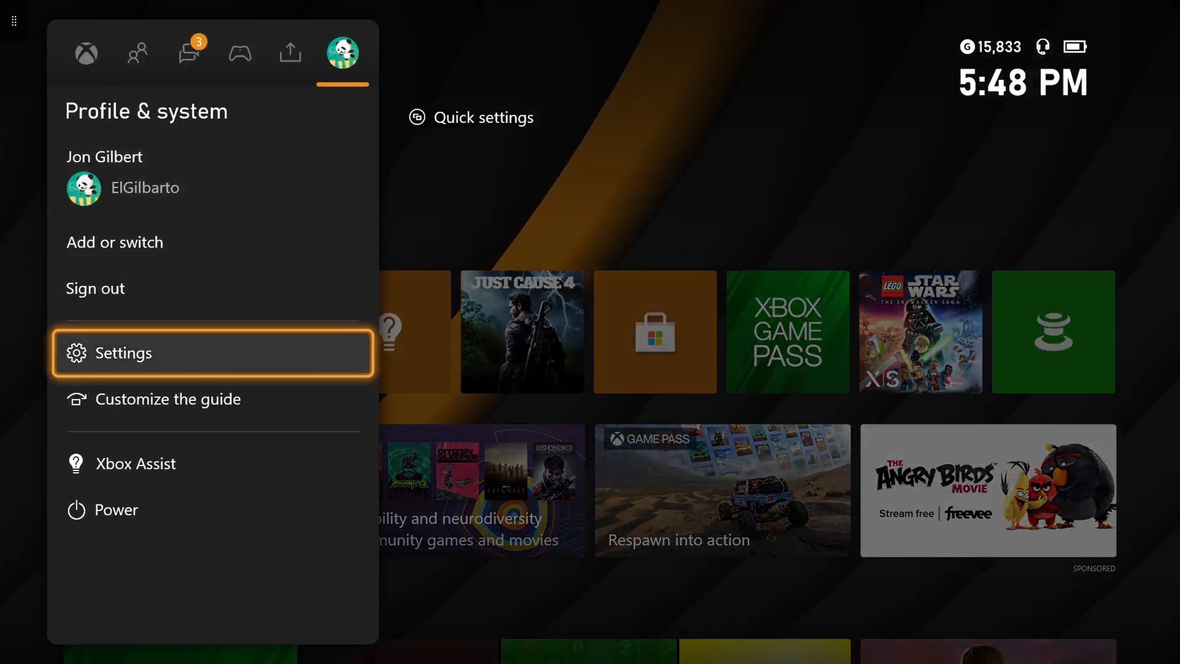xbox profile and system menu