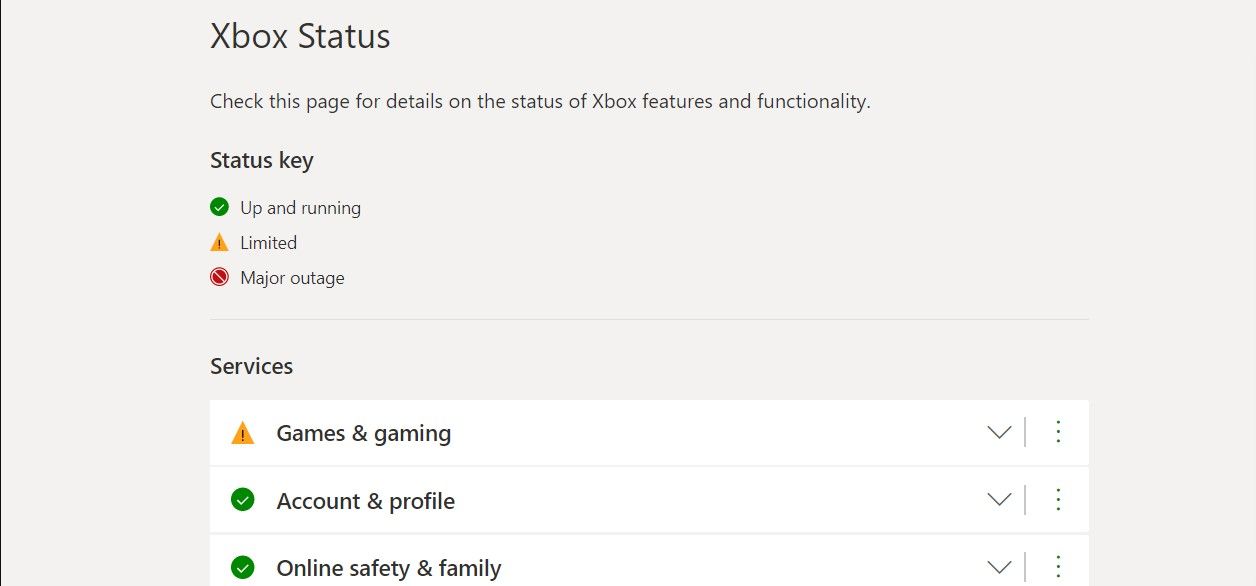 Xbox Live server status page