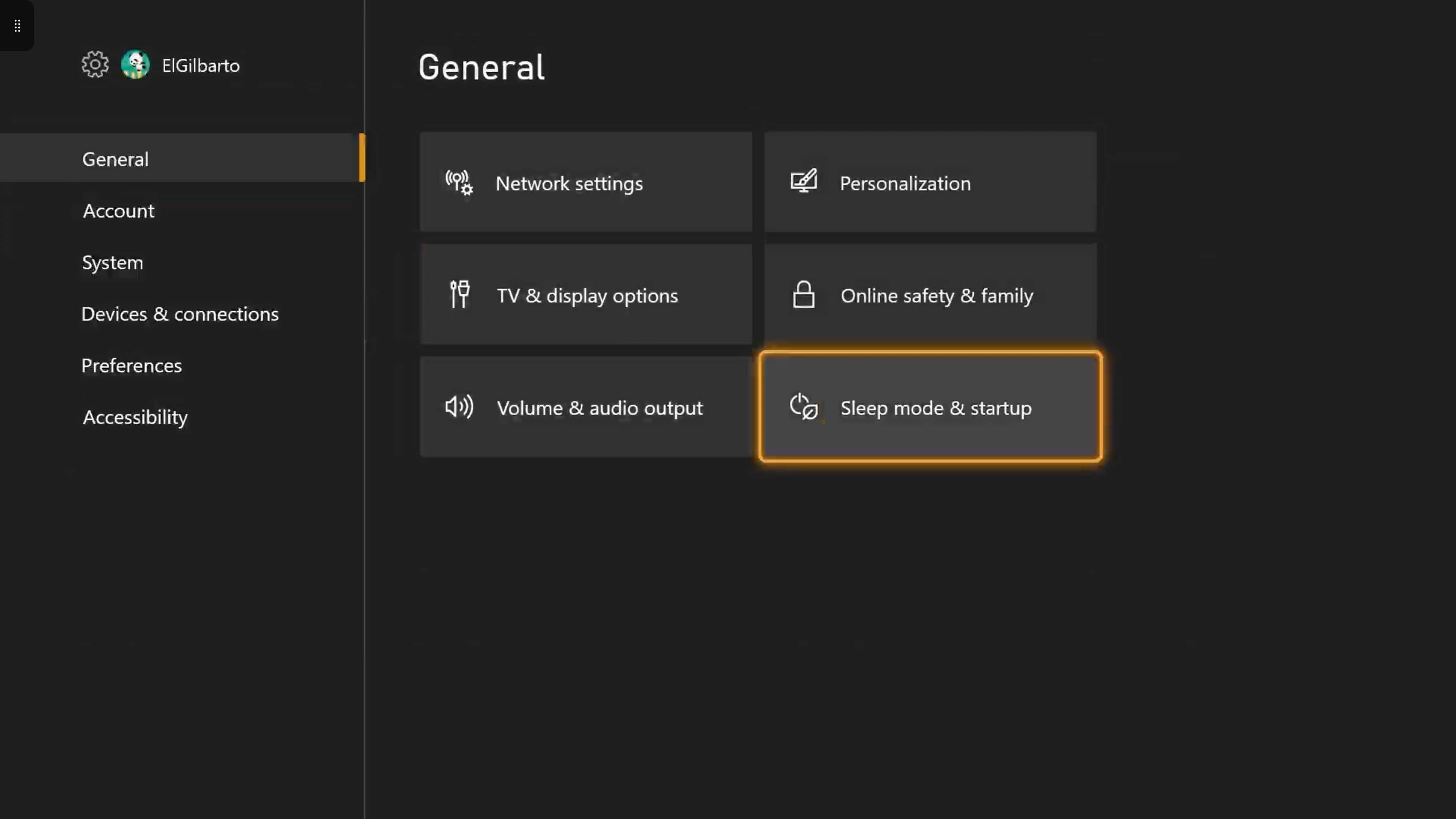 xbox general settings menu