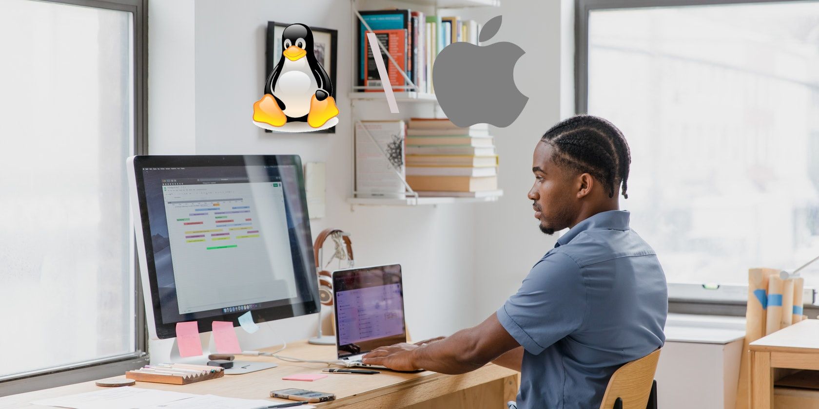 man using macos and linux on two systems