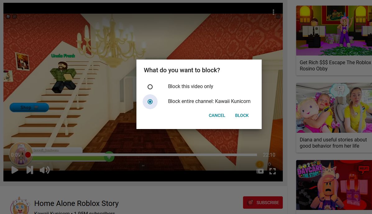 youtube kids block channel on video page