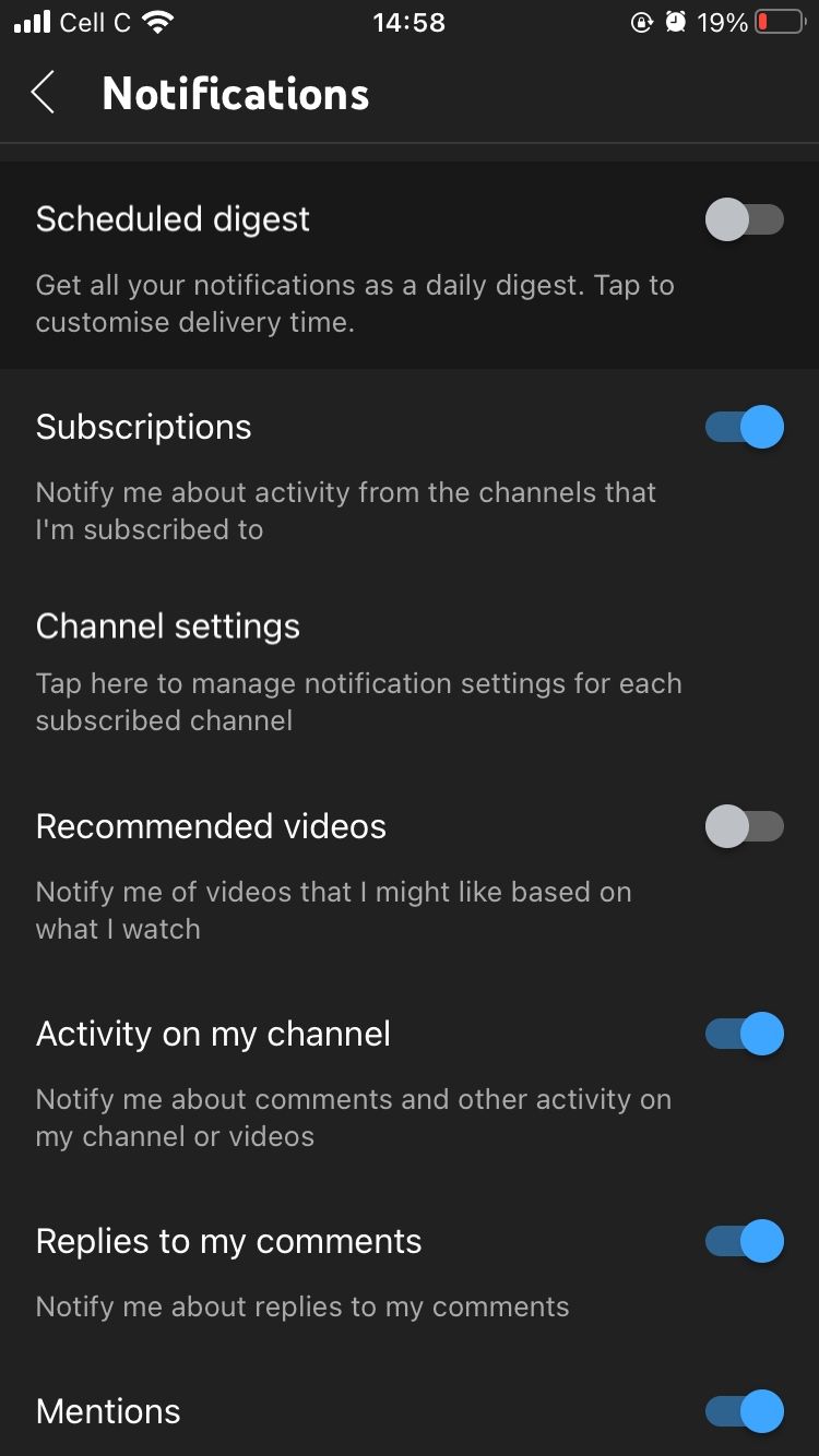 youtube mobile notifications settings page top of list
