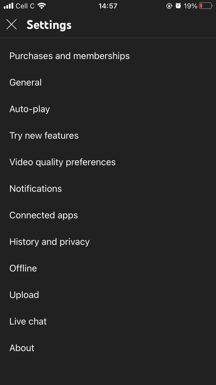 youtube mobile settings page