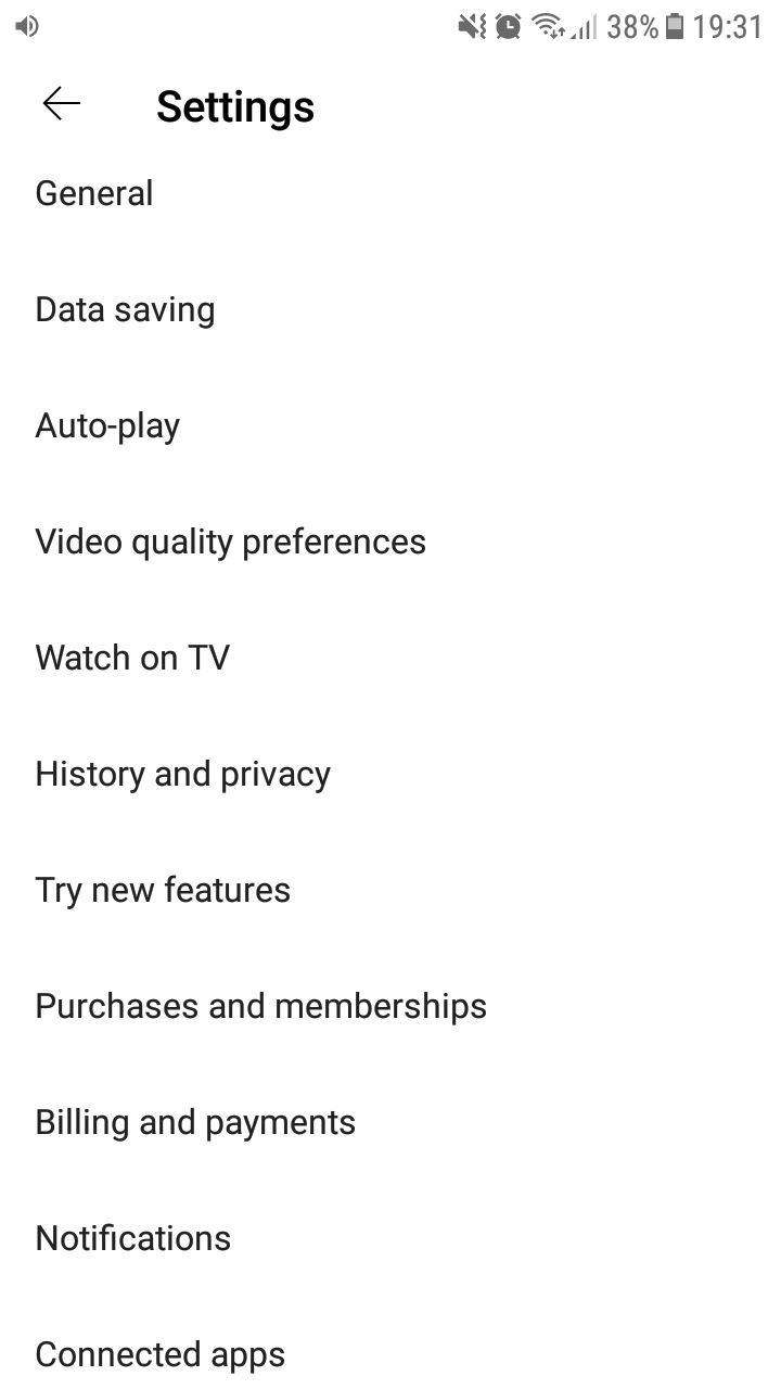 Configurações do aplicativo YouTube