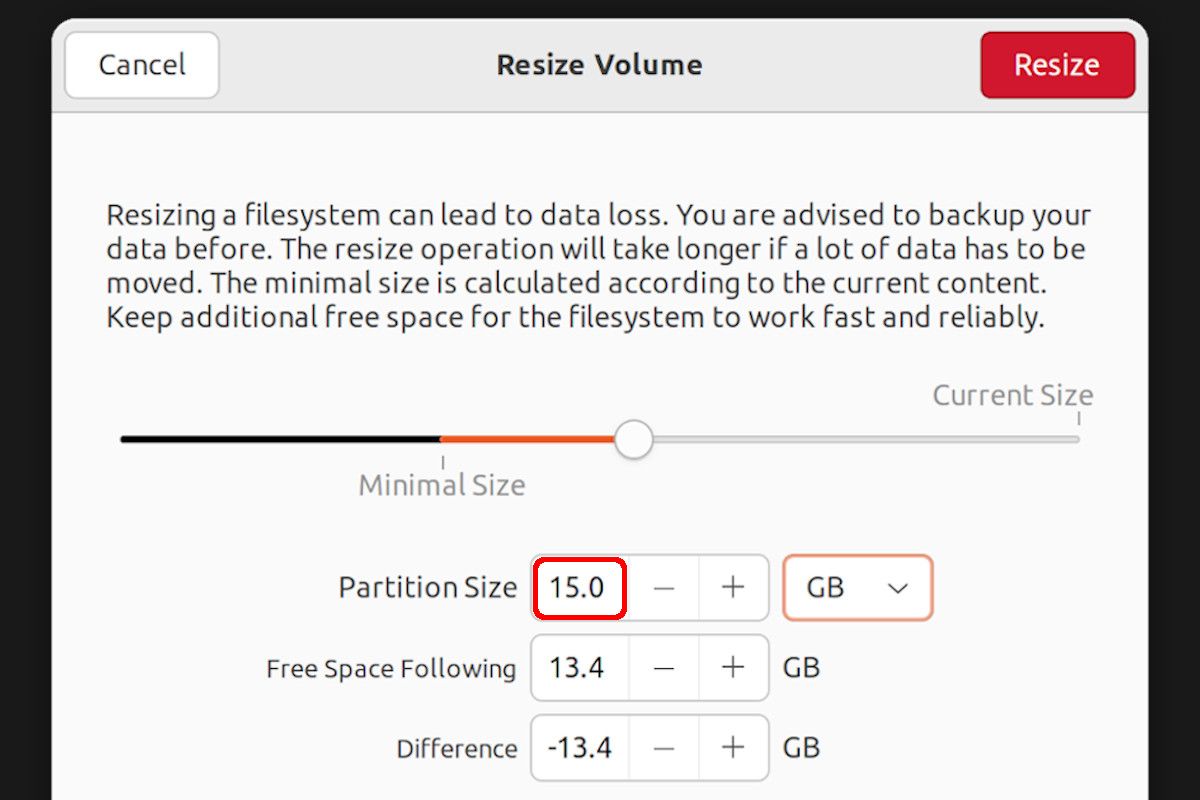 Select root partition size using gnome disks tool
