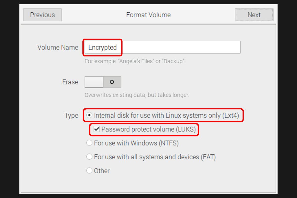 Create LUKS encrypted partition using gnome disks tool