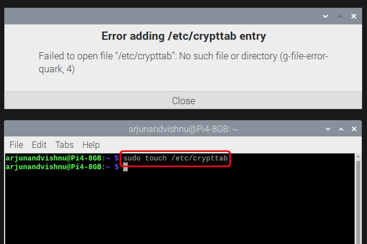 Handling failed to open file etc crypttab error