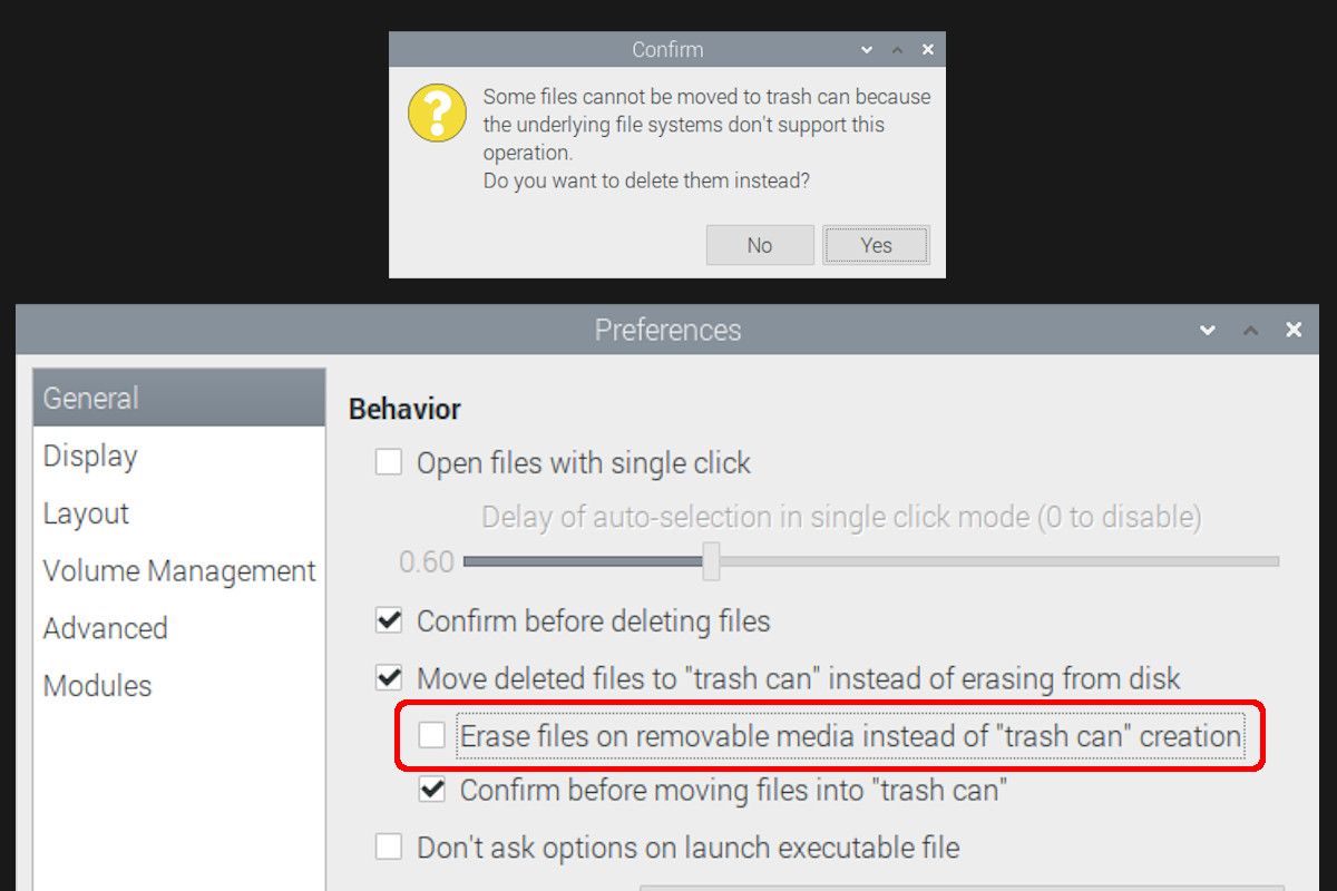Delete files on removable media to recycle bin