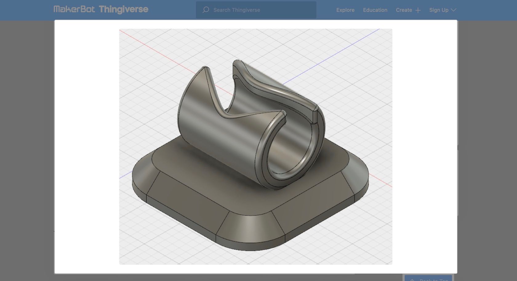 اسکرین شات از وب سایت Thingiverse که مدل سه بعدی یک گیره کابل را نشان می دهد.