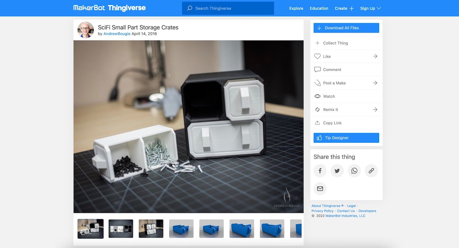 تصویری از وب سایت Thingiverse که یک کشوی ذخیره سازی قطعات کوچک چاپ شده سه بعدی را نشان می دهد.