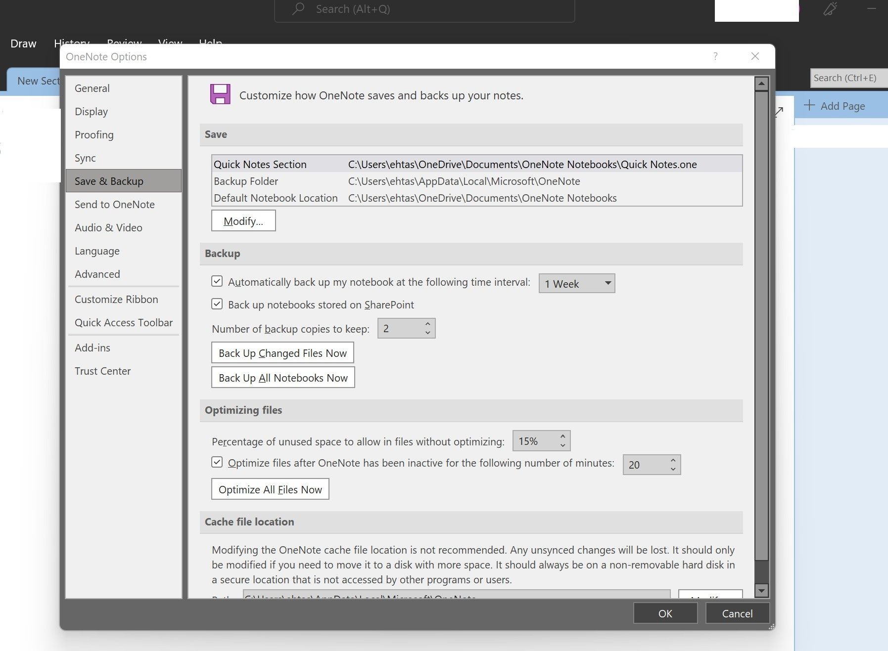 Clicking on Optimize All Files Now Option under Optimizing Files Section in Save and Backup Tab of OneNote App