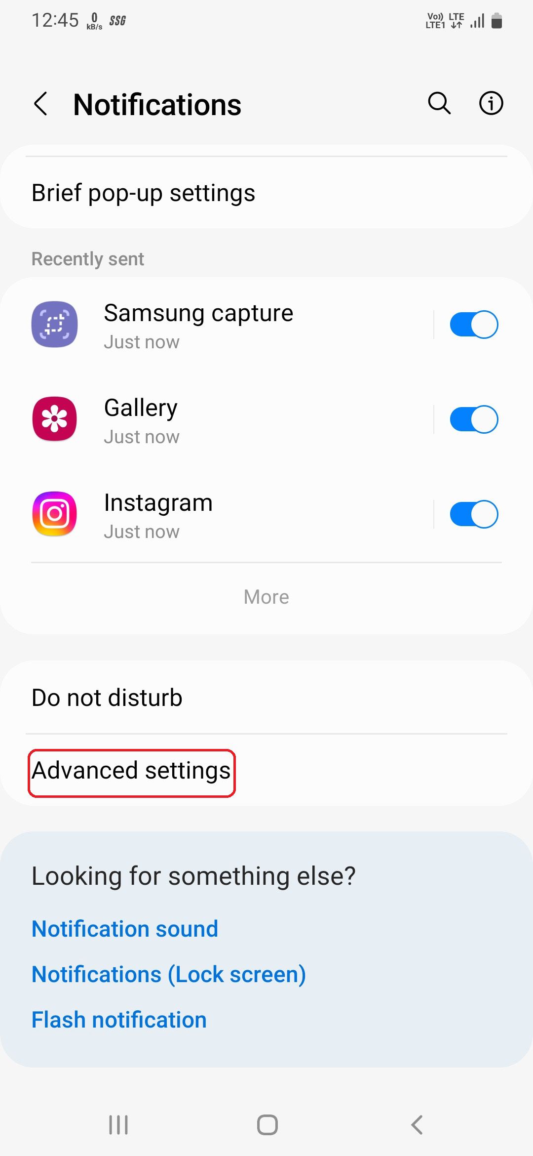 Advanced settings in the notifications menu