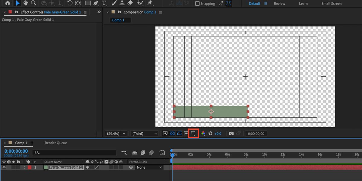 After Effects interface with title/action safe guides switched on.