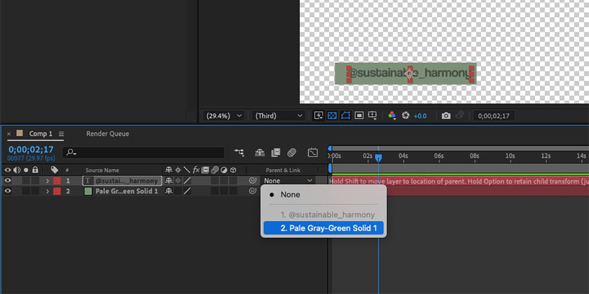 After Effects interface with layer parent menu open.
