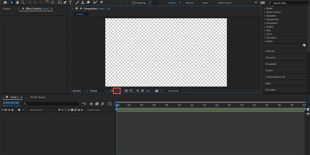 After Effects interface with Toggle Transparency button highlighted.