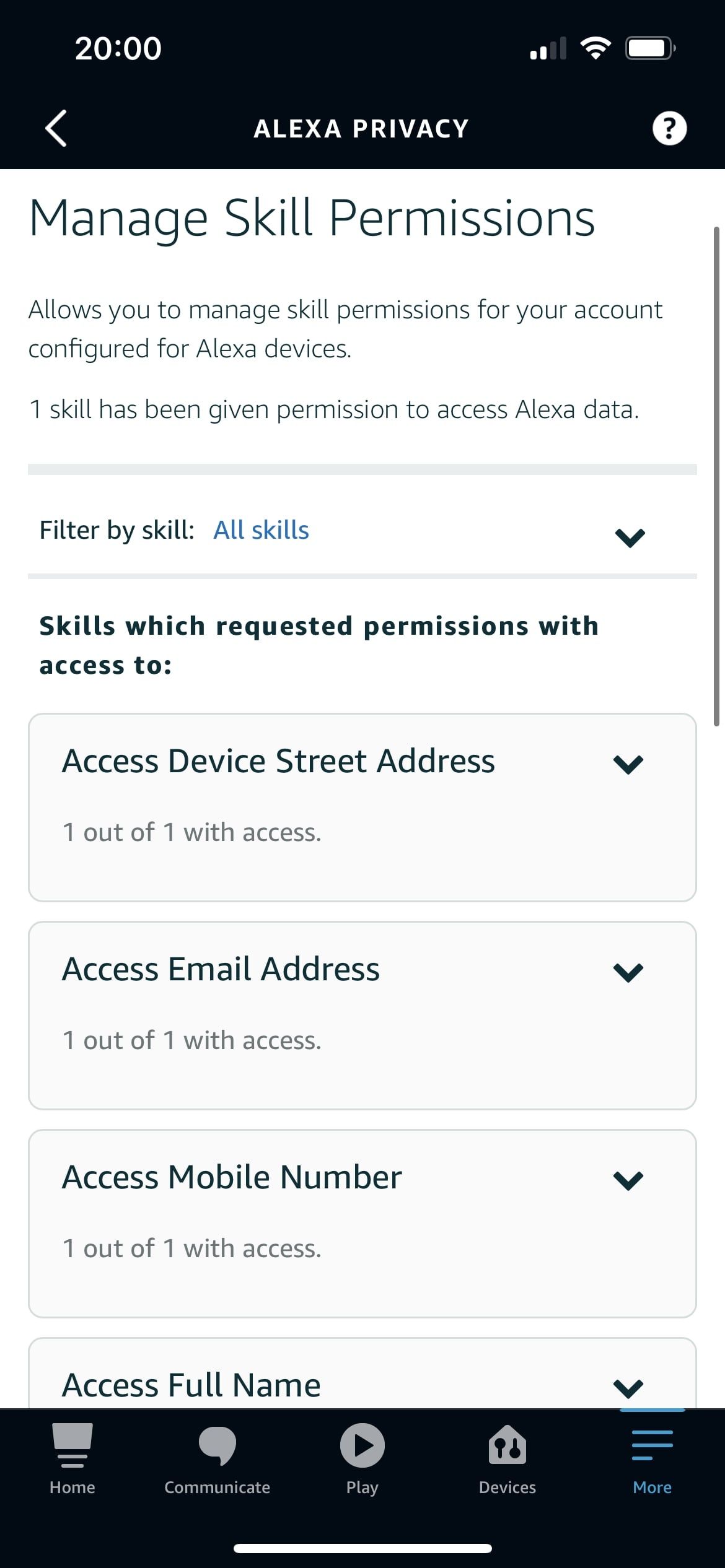 Alexa App Manage Skill Permisions