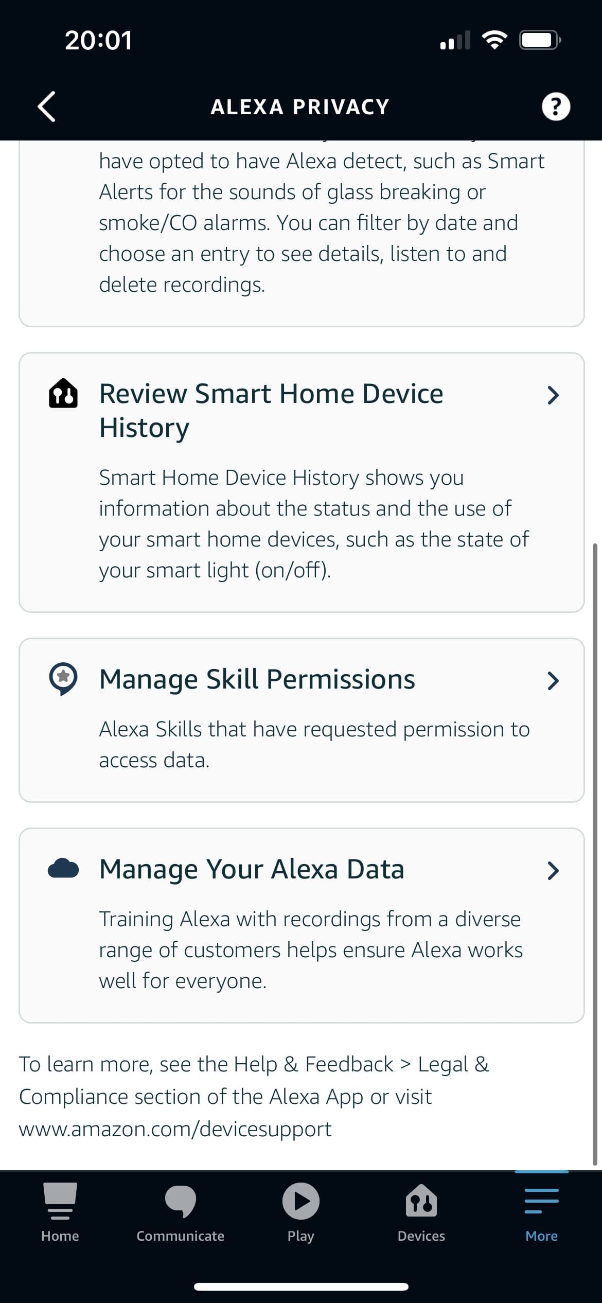 Alexa App Privacy Page