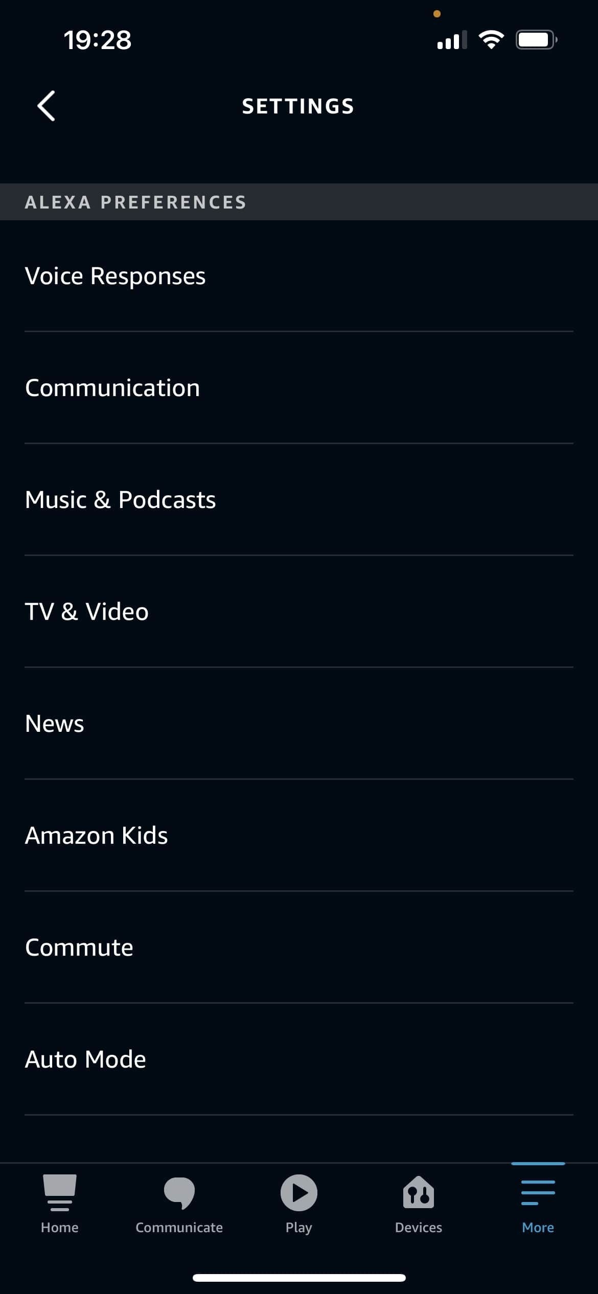 Alexa App Settings Preference page