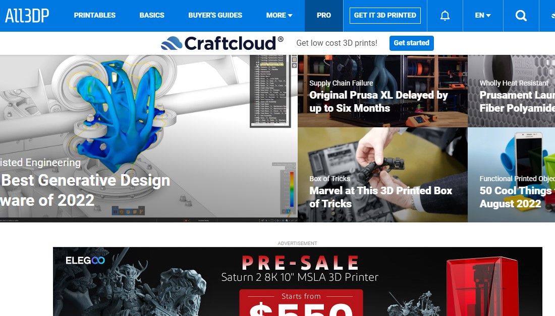 The home page of All3dp website