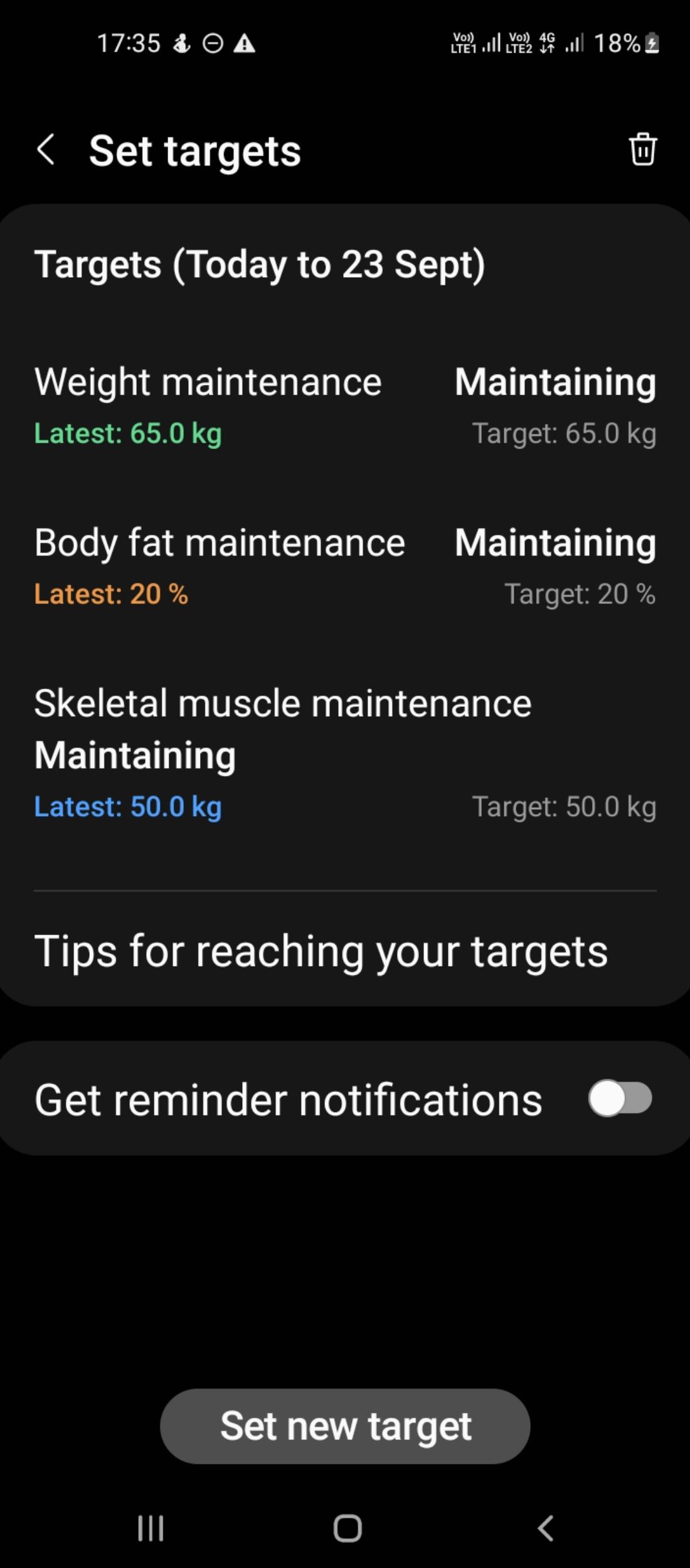 تنظیم اهداف BCA در برنامه Samsung Health