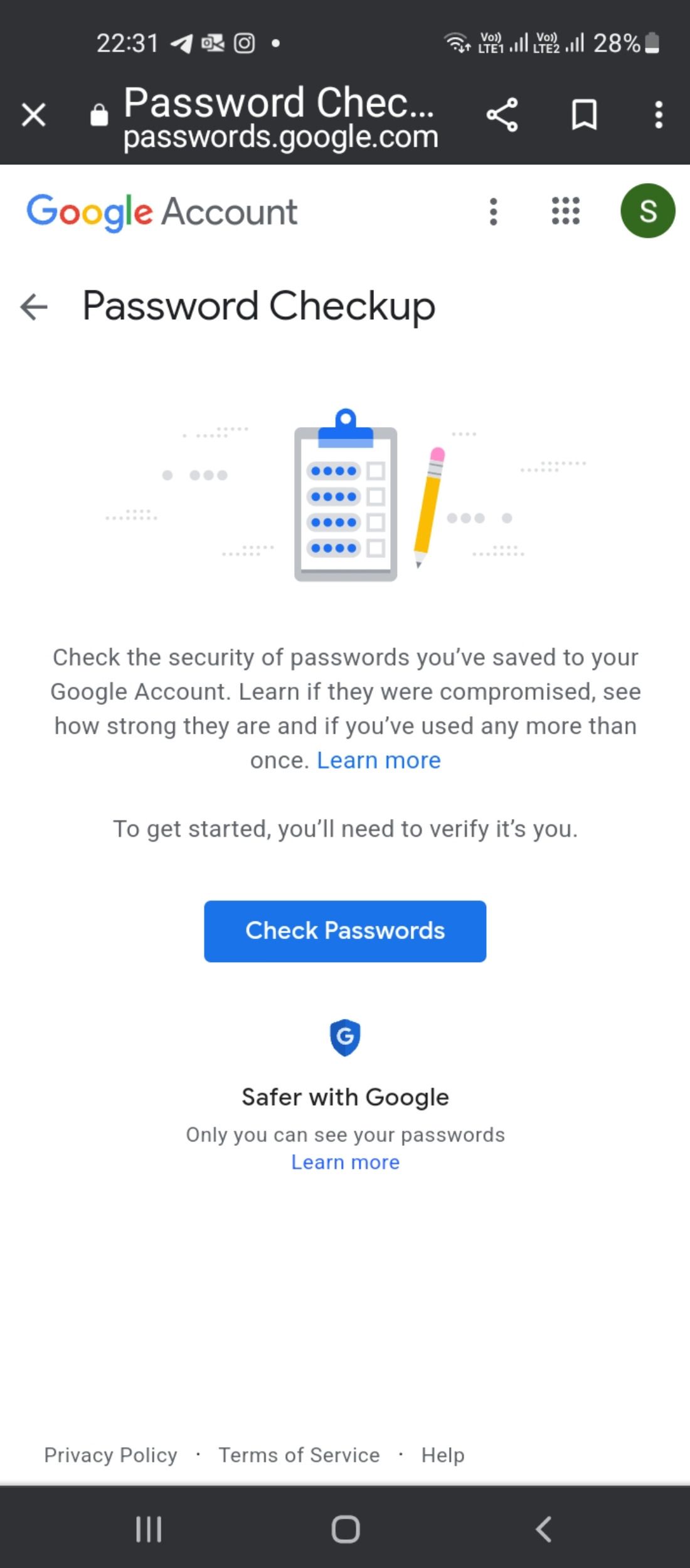 Check passwords in Google account