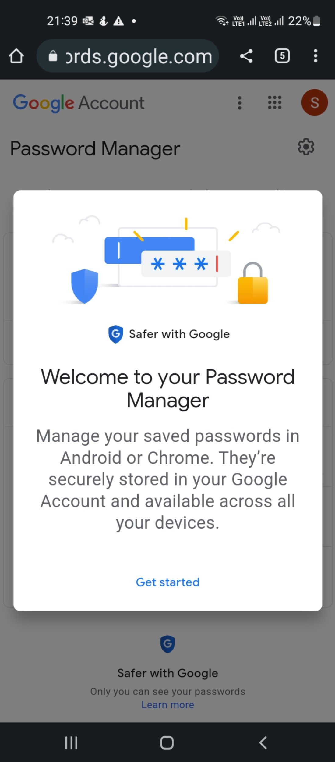 صفحه اصلی در Google Password Manager