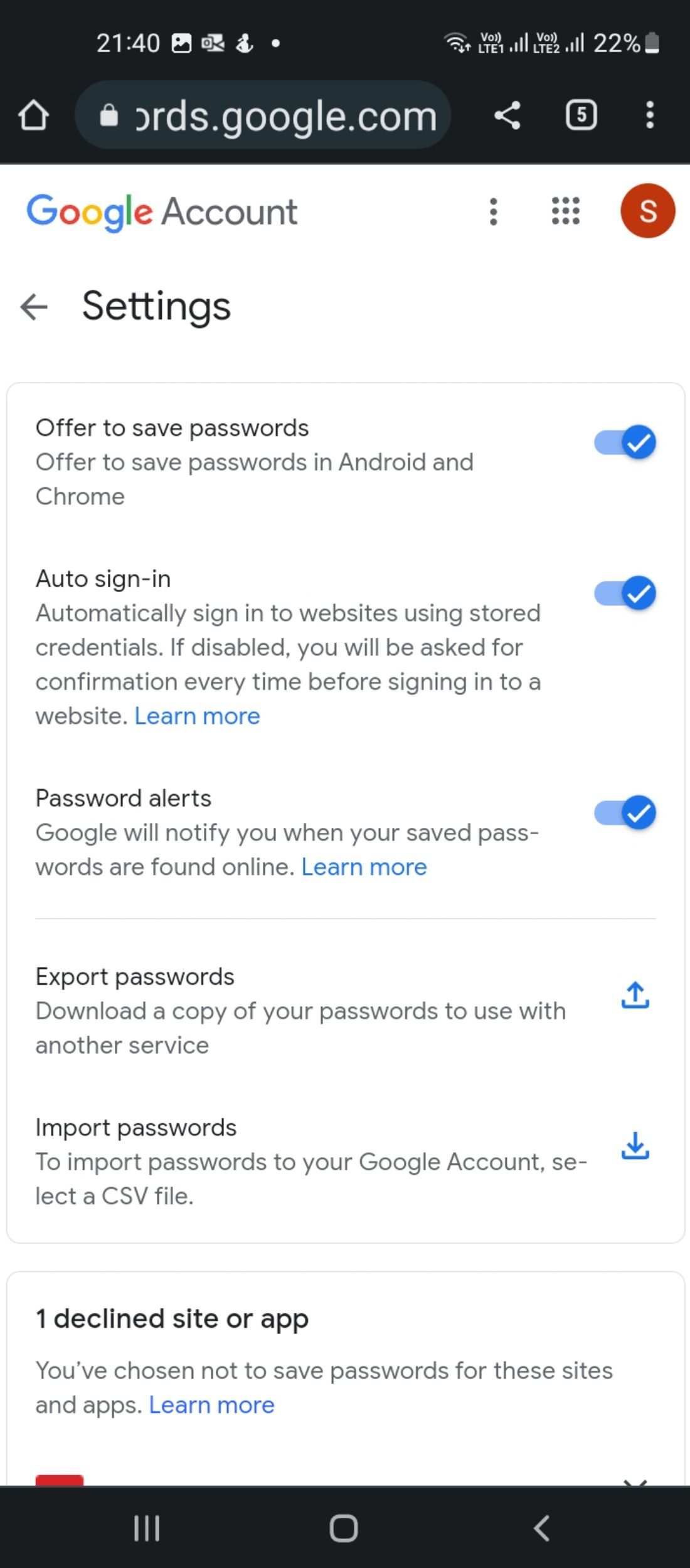 Google password manager settings